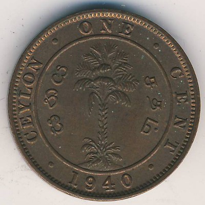 Ceylon, 1 cent, 1937–1942