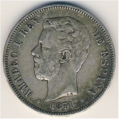 Spain, 5 pesetas, 1871