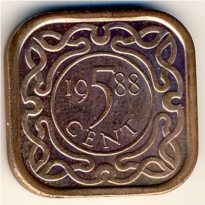 Суринам, 5 центов (1987–2021 г.)