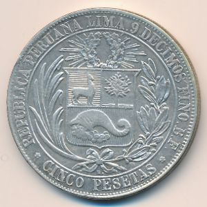 Peru, 5 pesetas, 1880