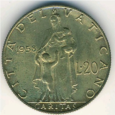 Vatican City, 20 lire, 1958