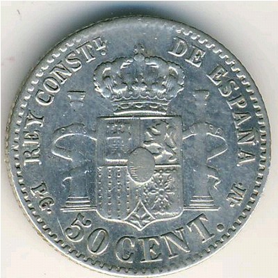 Spain, 50 centimos, 1889–1892