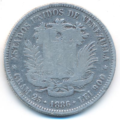 Venezuela, 5 bolivares, 1879–1889