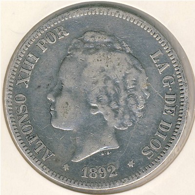Spain, 5 pesetas, 1892–1894