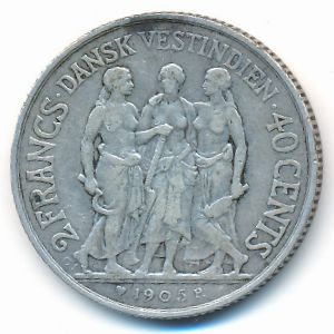 Датская Западная Индия, 2 франка/40 центов (1905 г.)