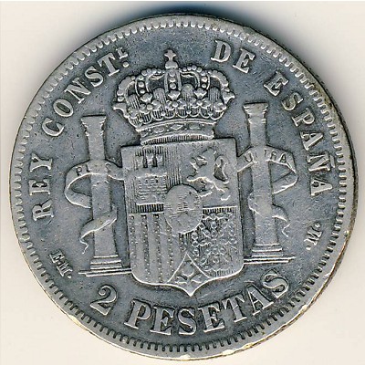 Spain, 2 pesetas, 1879