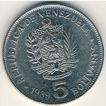Venezuela, 5 bolivares, 1989