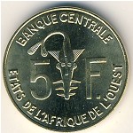 West African States, 5 francs, 1965–2015